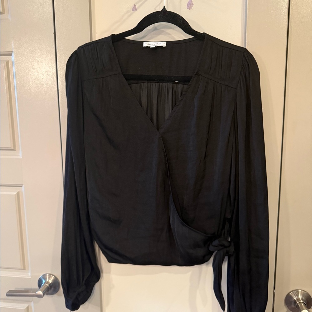 Black Wrap Tie Front Blouse